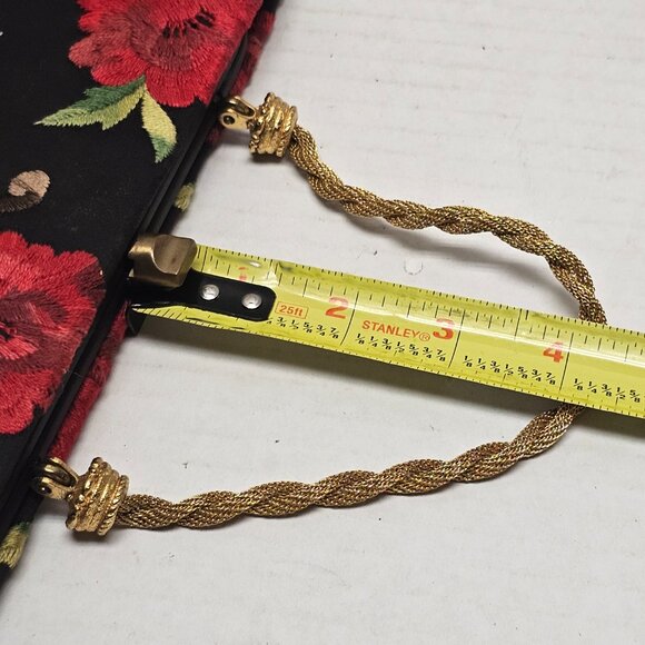 Black Red Floral Flower Embroidered Gold Cara Made in USA Clutch Hand Bag - Picture 13 of 16